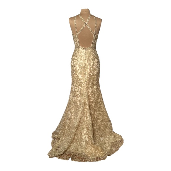 Exquisite Gold embroidered lace gown with dazzling beaded neckline and waistband - Picture 15 of 17